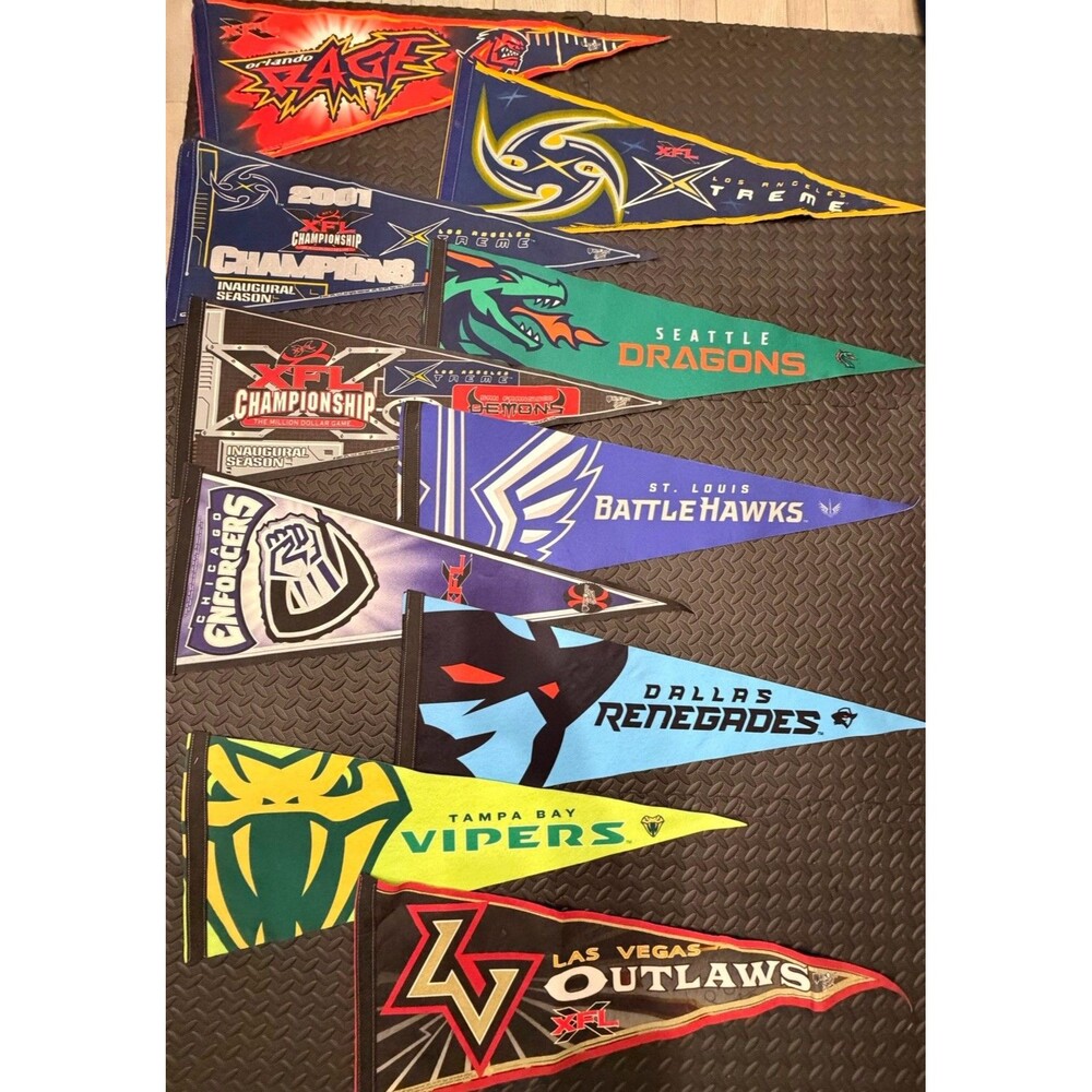 Lot of 10 Rare XFL Football Pennants Original Teams Y2K dragons vipers rage